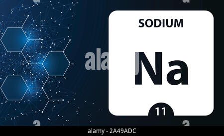 Sodium 11 element. Alkaline earth metals. Chemical Element of Mendeleev Periodic Table. Sodium in square cube creative concept. Chemical, laboratory a Stock Photo