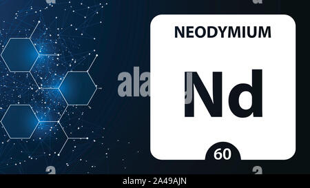 Neodymium 60 element. Alkaline earth metals. Chemical Element of Mendeleev Periodic Table. Neodymium in square cube creative concept. Chemical, labora Stock Photo