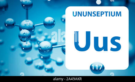 Ununseptium 117 element. Alkaline earth metals. Chemical Element of Mendeleev Periodic Table. Ununseptium in square cube creative concept. Chemical, l Stock Photo