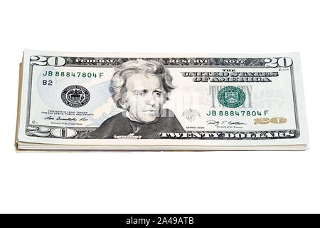 Stack of 20 Dollar Bills isolated on white close up. Stock Photo