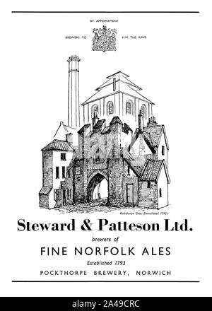 Advert for Steward and Patteson beers, 1951. The illustration shows the Pockthorpe Brewery in Norwich. The S&P company was founded in 1793. The company flourished well into the 20th Century. In 1961, it was described as one of the largest non-metropolitan breweries in the country. In 1961, along with Bullards, S&P bought the Morgans’ brewery. As part of the deal Watney’s undertook to supply the Bullards’ and Steward & Patteson tied houses with keg beers like ‘Red Barrel’. in 1967 Watney’s completed the purchase of the company. In 1970 the last brew was made at the Pockthorpe Brewery. Stock Photo