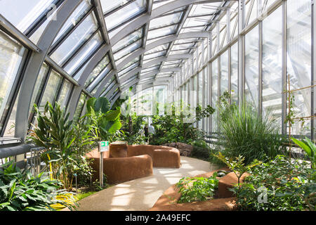 Paris green architecture - a greenhouse surrounding the tennis stadium Simon Mathieu, situated in the Jardin des Serres d'Auteuil botanical garden. Stock Photo