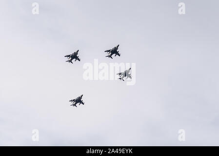 Madrid, Spain - October 12, 2019: Four Harrier AV-8B Plus jet fighters flying in formation during Spanish National Day Army Parade. Stock Photo