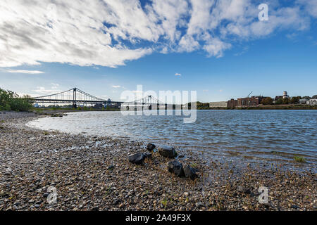 Krefeld-Uerdingen - View from waterside to River Rhine bridge,  North Rhine Westphalia, Germany, 12.10.2019 Stock Photo