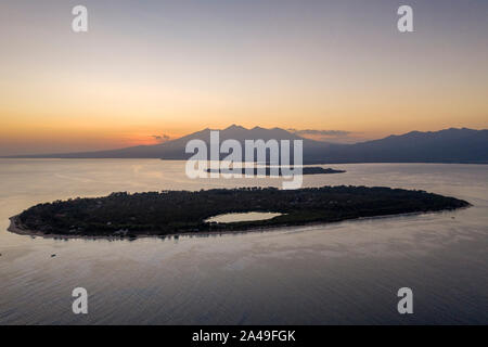 Gili Meno and Gili Air Islands photographed by drone from Gili Trawangan, Indonesia Stock Photo