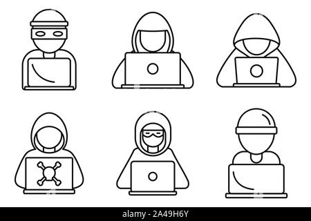 Cyber hacker icons set. Outline set of cyber hacker vector icons for web design isolated on white background Stock Vector