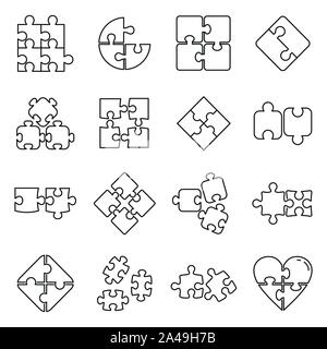 Puzzle pieces icons set. Outline set of puzzle pieces vector icons for web design isolated on white background Stock Vector