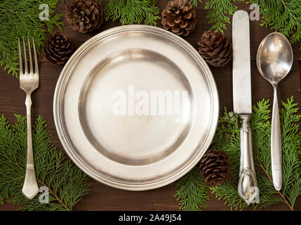 Holiday table setting from above Stock Photo