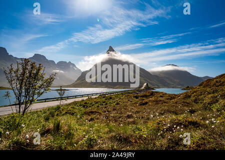 Fredvang Bridges Panorama. Lofoten islands is an archipelago in the county of Nordland, Norway. Is known for a distinctive scenery with dramatic mount Stock Photo