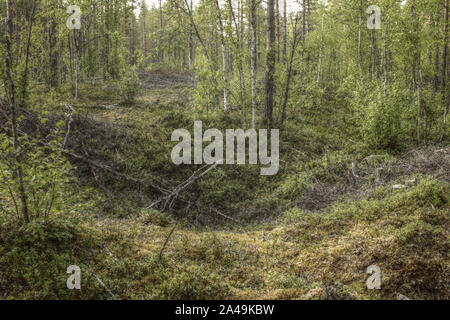 Remains of an ancient trapping pit near at the stream Skelleftalven in Vasterbotten, Sweden. Stock Photo