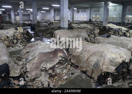 saver tannery workers Dhaka,Bangladesh 2019: Bangladeshi tannery workers process raw leather inside a factory at the Saver tannery area in Dhaka, Bang Stock Photo