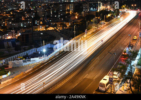 Istanbul, Turkey - October 7, 2019: A long-exposure shot of a highway in Istanbul at night. Stock Photo