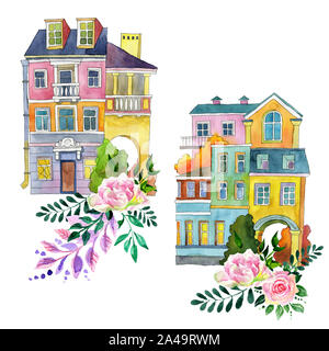 Set of watercolor houses isolated on white background. Children's illustration. Seamless background. Stock Photo