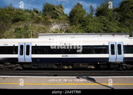 Kent, United Kingdom - September 15, 2019: A train headed south sits at Knockholt Station on the Southeastern Line. Stock Photo