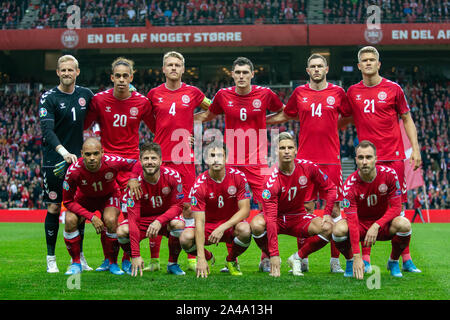 Copenhagen, Denmark. 12th Oct, 2019. Denmark, Copenhagen. 12th, October 2019. The line-up of Denmark for the EURO 2020 qualifier match between Denmark and Switzerland at Telia Parken in Copenhagen. (Photo Credit: Gonzales Photo/Alamy Live News Stock Photo