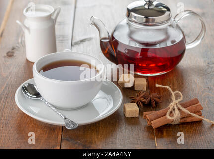 teapot and cup on a wooden tray. top view Stock Photo