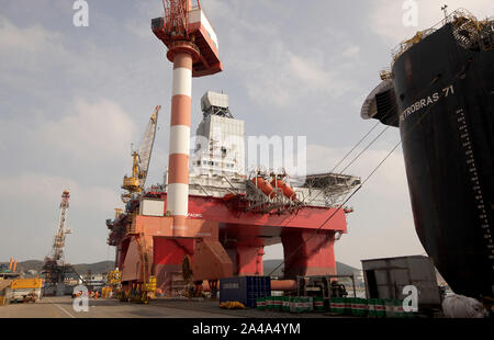 Yantai, China. 13th Oct, 2019. Some of the world's biggest deepwater drilling rigs and platforms are being serviced and built at a CIMC Raffles's offshore engineering shipyard in Yantai, Shandong Province, on Saturday, October 12, 2019. The shipyard boasts one of the world's largest dry-docks and the world's largest gantry crane. China is the fourth largest oil producer in the world. Photo by Stephen Shaver/UPI Credit: UPI/Alamy Live News Stock Photo