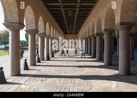 Stockholm, Sweden: Colonnade and arcade beneath the imposing City Hall (Stadshuset) building, home of the Municipal Council. Stock Photo