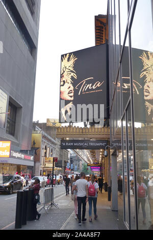 New York, USA. 09th Sep, 2019. An advertisement for the musical 'Tina' is hanging at the Lunt-Fontanne Theatre on Broadway. The musical based on the life of the Queen of Rock'n'Roll Tina Turner will premiere on Broadway in October 2019. Credit: Alexandra Schuler/dpa/Alamy Live News Stock Photo