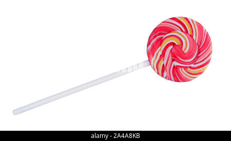 Colorful spiral lollipop candy on stick, isolated on white background. Stock Photo