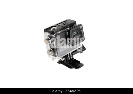Compact photo camera in the underwater box.Isolated on white background. Stock Photo