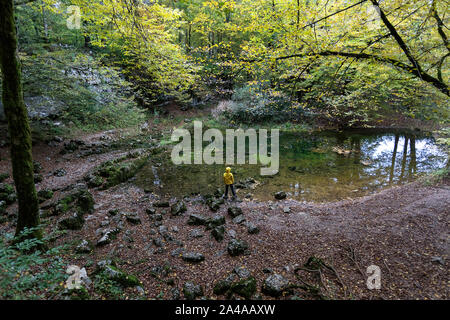Young boy in yellow jacket stanading by a small lake in lush forest in Rakov Škocjan, Slovenia Stock Photo