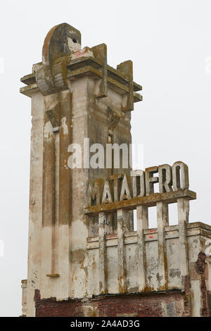 Detail of 'El Matadero' (Slaughterhouse), by architect Francisco Salamone, still standing in the Epecuen ruins, Buenos Aires province, Argentina. Stock Photo