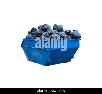 Full dumpster with garbage bags on isolated white background Stock Photo