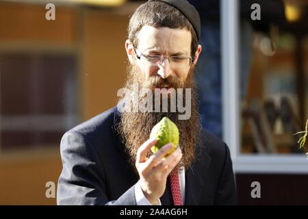 Berlin, Germany. 13th Oct, 2019. Germany, Berlin, 13.10.2019, Yehuda Teichtal and Samuel Segal at the inauguration of the Sukka. On Sunday, October 13, 2019, begins Sukkot, the Jewish Feast of Tabernacles. The seven-day festival is on the grounds of the Jewish Education Center Berlin. For the duration of the Sukkot holidays, all meals are taken together in the sukkah (tabernacle). (Photo by Simone Kuhlmey/Pacific Press) Credit: Pacific Press Agency/Alamy Live News Stock Photo