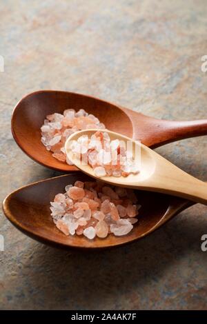 Himalayan salt on a spoons. Stock Photo