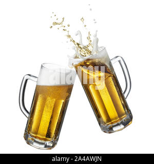 cheers, two mugs of beer toasting creating splash isolated on white ...