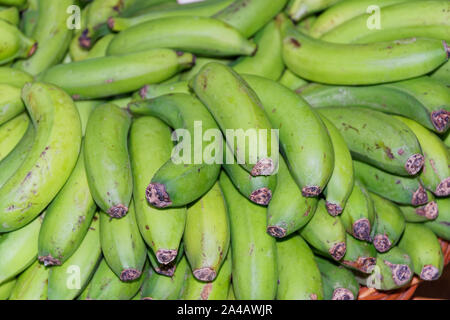 Ripe, green yellow bananas in a basket. Portuguese island of Madeira Stock Photo