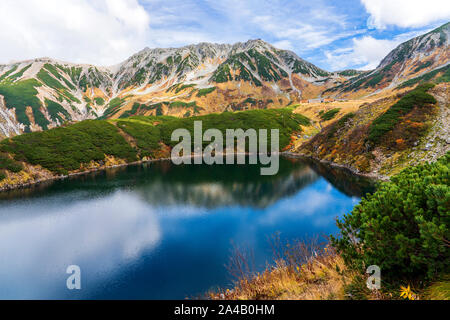 Beautiful Mountain Pond On A Sunny Day. Mikuriga Lake And Reflection Of Mountain In Water Surface in Tateyama, Kurobe, Japan. Stock Photo