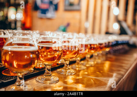 Glasses of light beer on wooden bar counter. Pub blurred background Stock Photo