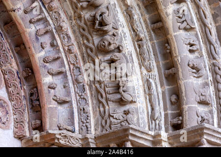 Porta Speciosa with a depiction of Nunio and Alodio, Monastery of Leyre,  Romanesque architecture in Navarre, Spain Stock Photo