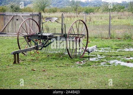 Laas, Aquitaine, France, Vintage agricultural machinery in a farm field. Stock Photo