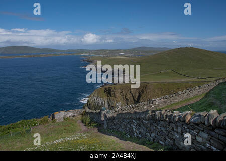 View from Sumburgh Head, looking north towards the airport, Sumburgh, Shetland, Scotland Stock Photo