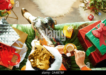 Holiday season. Upper view of elegant housewife in sparkle gold sequin santa hat sitting on sofa in the modern living room at Christmas having cup of Stock Photo