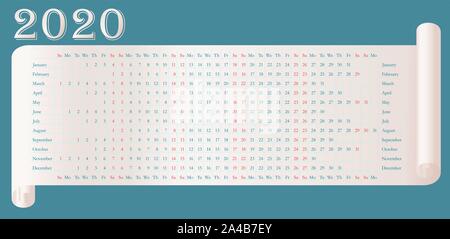 2020 wall calendar on parchment.  Set of 12 Months. Sunday and Satadays is highlighted red. Blue background. Vector editable template 10 EPS. Horizont Stock Vector