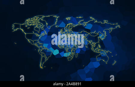 World map in gold wrap.world in gold. World map on blue abstract background Stock Photo