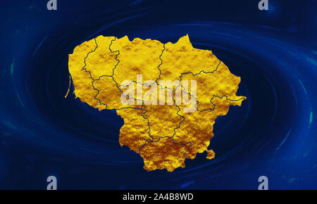 Lithuania map in gold wrap. Lithuania in gold. Lithuania map on blue abstract background Stock Photo