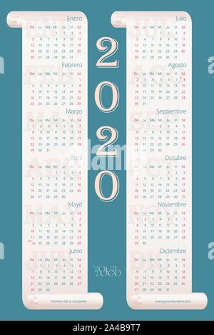 2020 Spanish American wall calendar on light gradient parchment. Calendario español. Weeks start on Sunday. Gray-blue background. Vector template 10 E Stock Vector