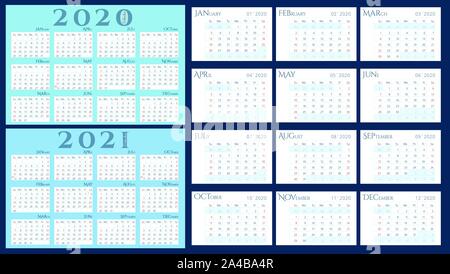 Wall Monthly Calendar template for 2020 year in minimal style. Week Starts on Sunday. English language. Landscape Orientation. Vector 10 EPS Stock Vector