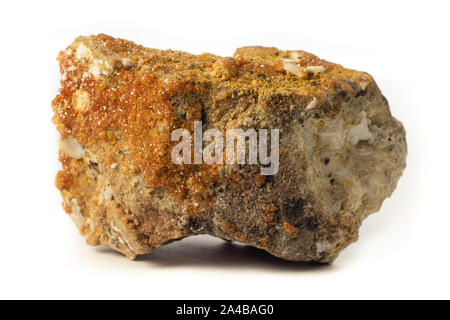 Rock from Morocco with natural vanadinite crystals isolated on pure white background Stock Photo
