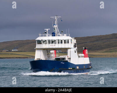 The Fivla car ferry, which runs on Bluemull Sound, between Gutcher on the island of Yell and Belmont on the island of Unst in Shetland, Scotland, UK.