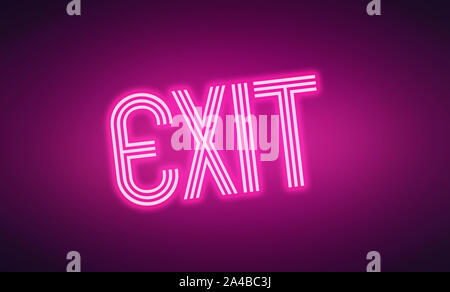 Glowing neon pink letters exit sign on dark purple background Stock Photo