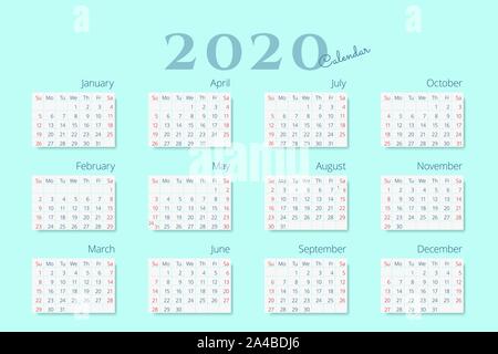 Calendar template for 2020 year on mint color background. Week Starts on Sunday. Vector 10 EPS Stock Vector