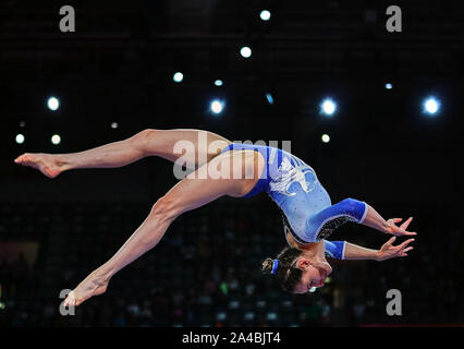 Stuttgart, Germany. 13th Oct, 2019. Sarah Voss of Germany competing in balance beam for women during the 49th FIG Artistic Gymnastics World Championships at the Hanns Martin Schleyer Halle in Stuttgart, Germany. Ulrik Pedersen/CSM/Alamy Live News Stock Photo