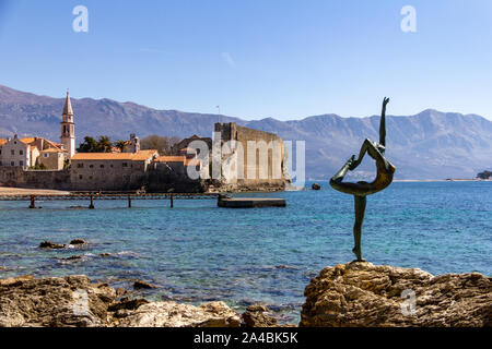 March 23, 2019 - Budva, Montenegro - The Ballet Dancer statue is an iconic attraction near Old Town Budva Stock Photo