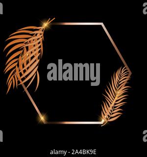 Gold Paint Glittering Textured Frame woth Palm Leaves. Vector Illustration Stock Vector